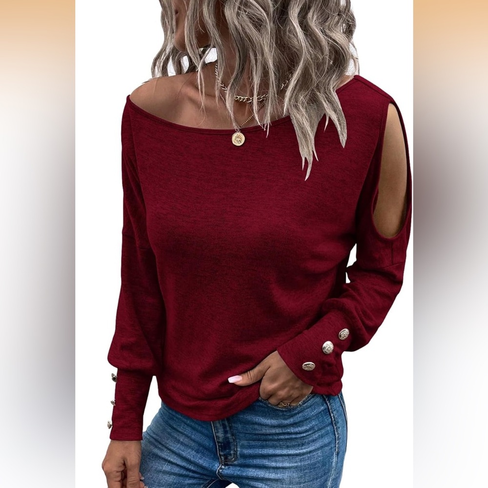 Cold Shoulder Burgundy Knit Top with Decorative Buttons